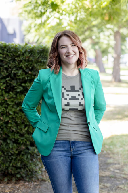 Natural professional headshot in greenery outside in Port Melbourne